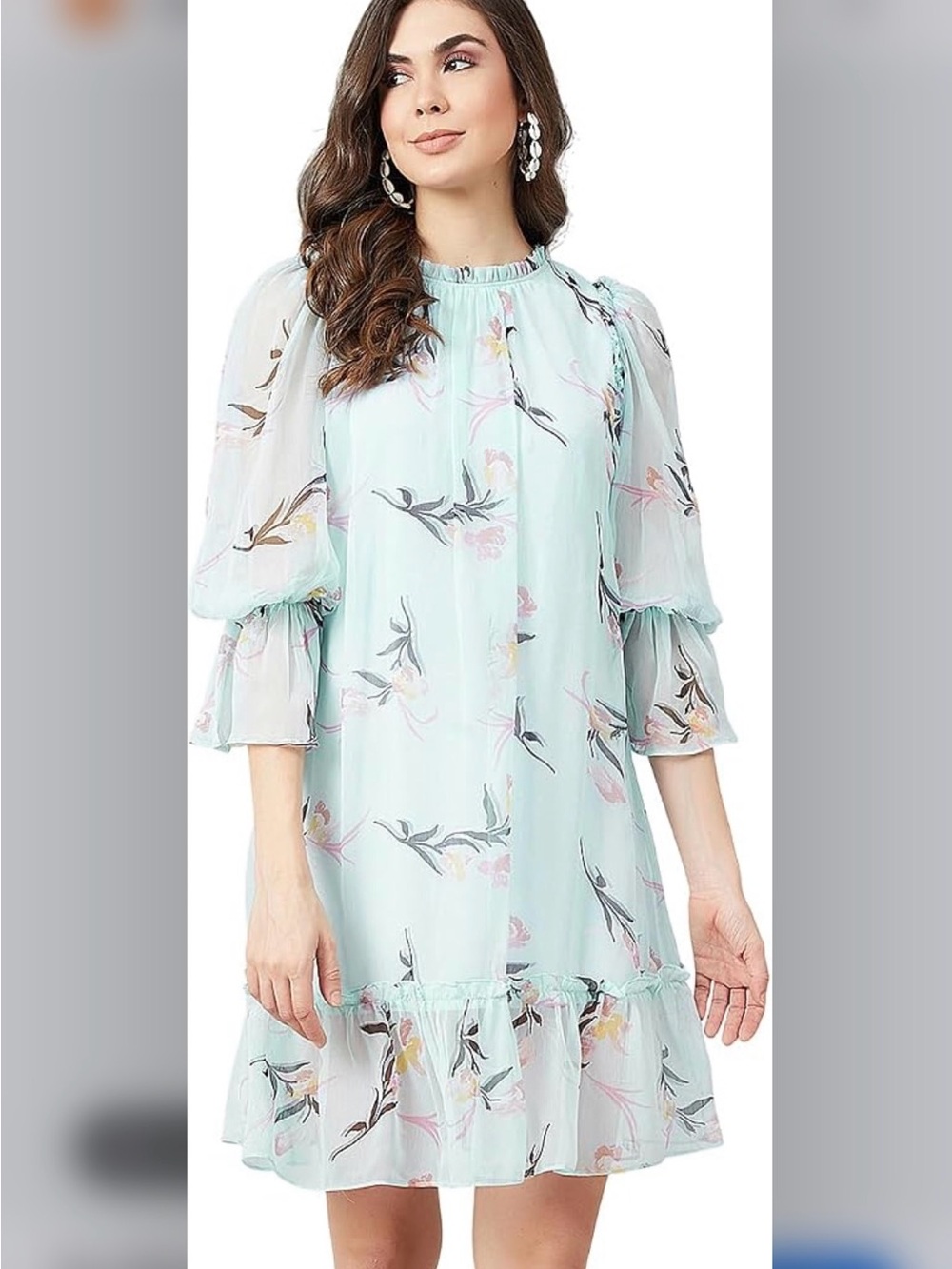 Athena Mint Floral Puff-Sleeve Chiffon Dress Size S